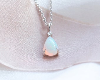 14K Gold opal diamond necklace, Dainty pear opal necklace, Genuine opal necklace