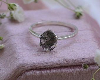 Unique gemstone engagement ring, Oval salt and pepper diamond ring by Mialis Jewelry