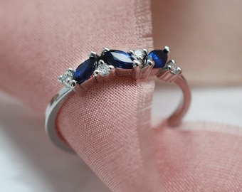 Marquise diamond wedding band, Marquise sapphire ring, Vintage sapphire engagement ring, Marquise gemstone ring