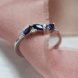 Marquise diamond wedding band, Marquise sapphire ring, Vintage sapphire engagement ring, Marquise gemstone ring