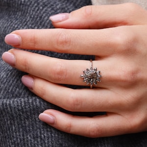 White gold 14K Pear salt and pepper diamond ring, Floral diamond engagement ring