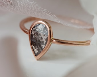 Rose gold engagement ring, Pear salt and pepper diamond ring, Pear shaped ring