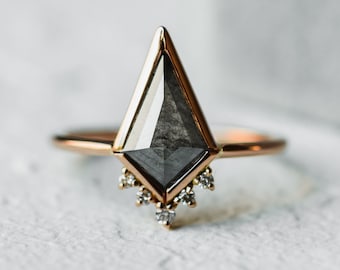 Salt and pepper kite diamond ring with white diamonds, Unique diamond engagement ring in Rose gold 14K