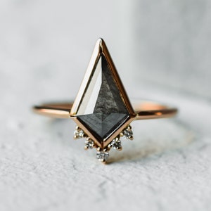 Salt and pepper kite diamond ring with white diamonds, Unique diamond engagement ring in Rose gold 14K