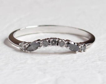 Curved Yellow gold wedding band, Marquise eternity band with salt & pepper diamonds