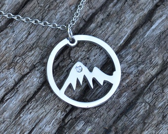 Solid gold mountain necklace, Mountain pendant, Hiking necklace with a diamond