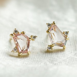 Asymmetrical sapphire earrings with side diamonds, Pink sapphire earrings, Natural pink gemstone earrings, Luxury bridal jewelry