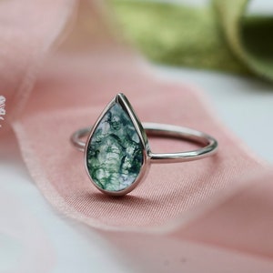 Moss agate ring, Pear shaped engagement ring, Moss agate jewelry