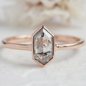 Hexagon Salt and Pepper Diamond Ring, Rose Cut Engagement Ring, 14K Gold Band