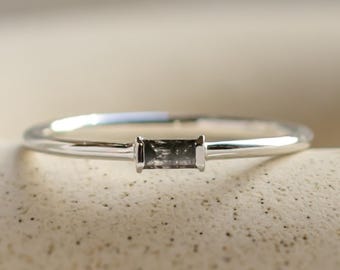 Thin stacking diamond ring, Salt and pepper baguette diamond ring, Tiny diamond gold ring