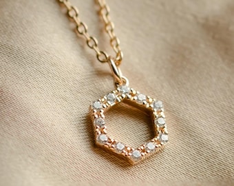 Hexagone Pendant Necklace, 14K Solid Gold with Lab Diamond Halo, Minimalist Dainty Jewelry, Everyday Luxury Necklace, Modern Geometric Gift