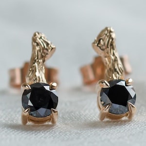 Round cut black diamond studs, Nature inspired earrings, Black gemstone ear studs, Black bridal jewelry