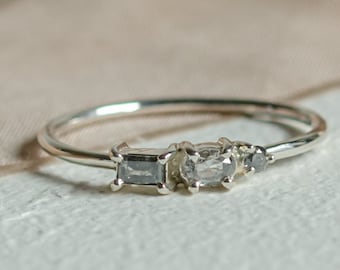 14K Gold Salt and Pepper Diamond Ring, Baguette & Oval, Handmade