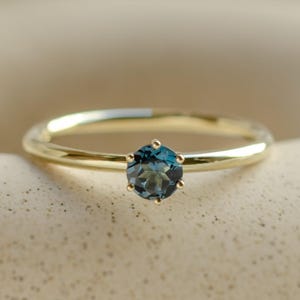 Solitaire London blue Topaz engagement ring, Round cut blue gemstone promise ring, Simple deep blue gemstone statement ring