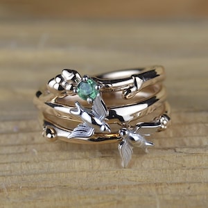 Emerald engagement ring, Solid gold emerald ring, Alternative engagement ring, Emerald leaf ring