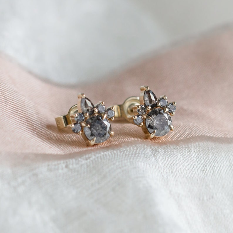 Bridal cluster earrings, Salt and Pepper diamond cluster earrings in Yellow gold 14K image 1