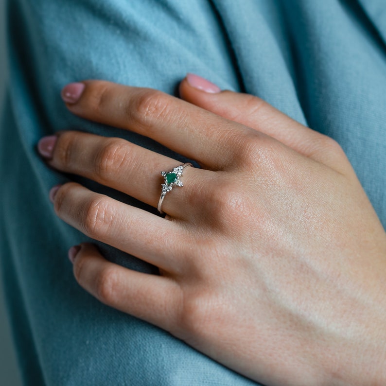 Natural emerald engagement ring, Emerald diamond cluster ring, Dainty solitaire gold ring image 5