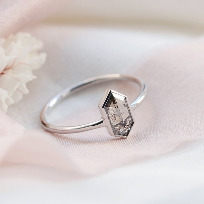 Hexagon diamond engagement ring, Rose cut diamond ring, Salt and pepper alternative ring image 9