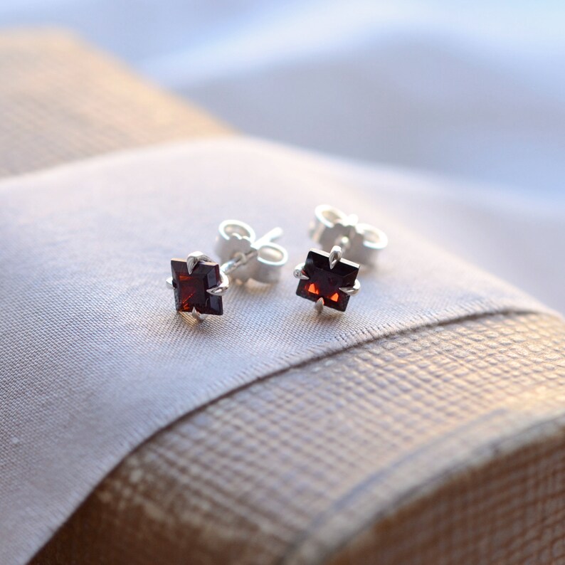 Princess cut garnet stud earrings, Bohemian garnet earrings, Minimalist gemstone studs image 3