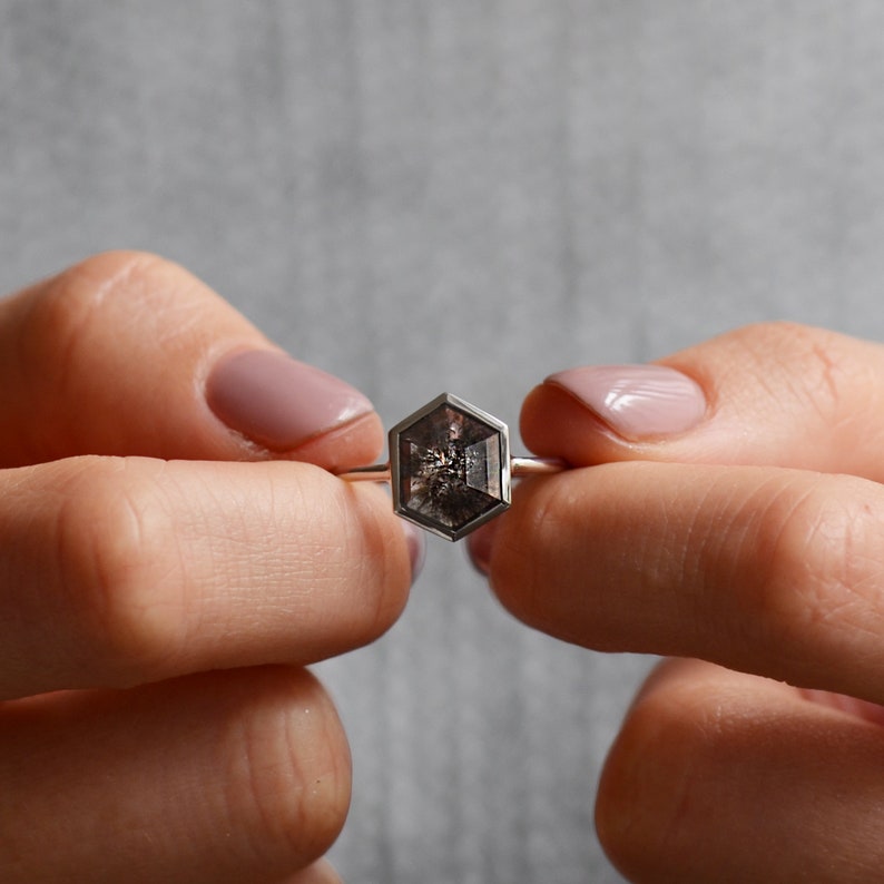 Salt and Pepper Hexagon Engagement Ring Made is 14K White Gold Etsy
