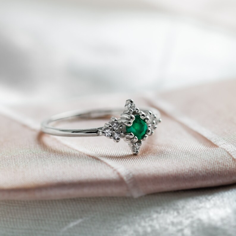 Natural emerald engagement ring, Emerald diamond cluster ring, Dainty solitaire gold ring image 8