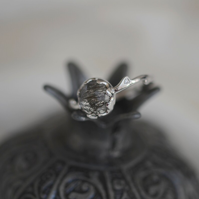 Art deco flower ring, Black rutilated quartz ring, Flower engagement ring, Alternative engagement ring image 3