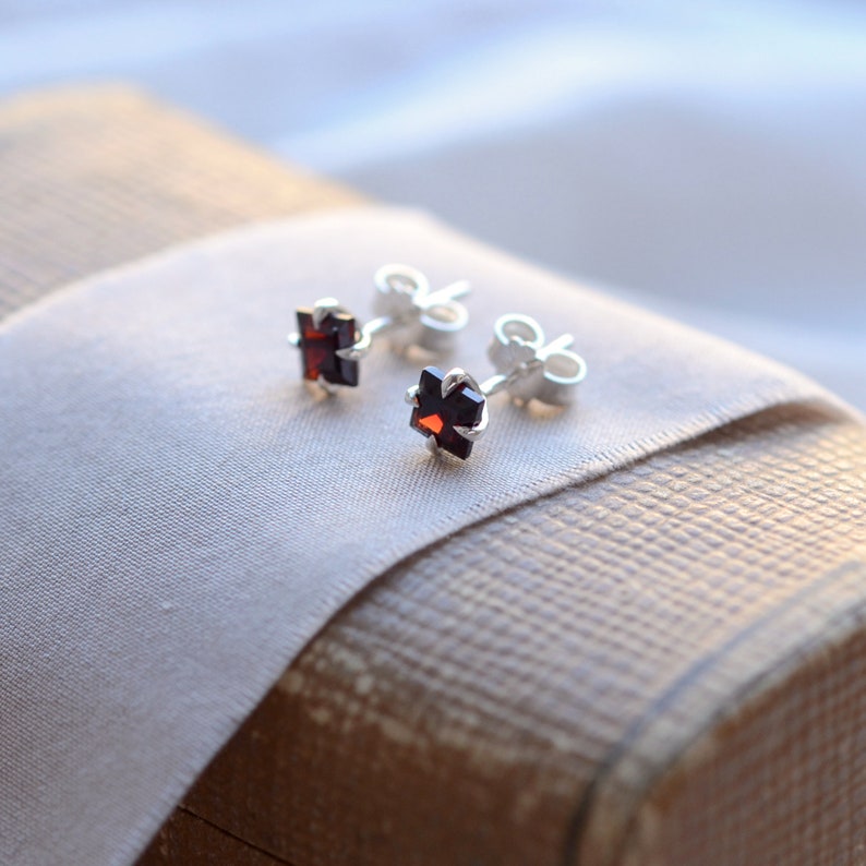 Princess cut garnet stud earrings, Bohemian garnet earrings, Minimalist gemstone studs image 5