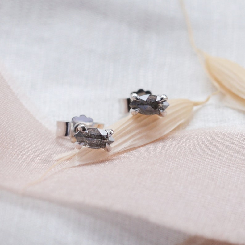 Marquise salt and pepper diamond studs, Tiny gemstone studs, Small diamond stud earrings image 1