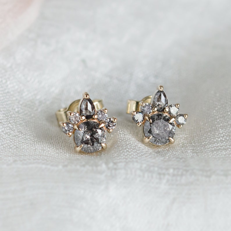 Bridal cluster earrings, Salt and Pepper diamond cluster earrings in Yellow gold 14K image 3