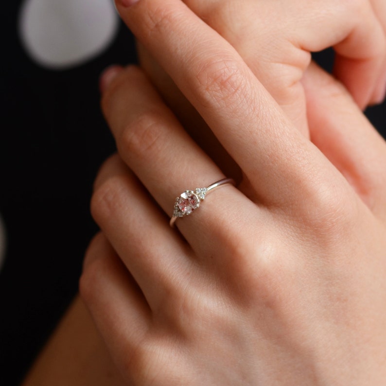 Strawberry quartz engagement ring, Unique gemstone ring, Golden cluster diamond ring image 2