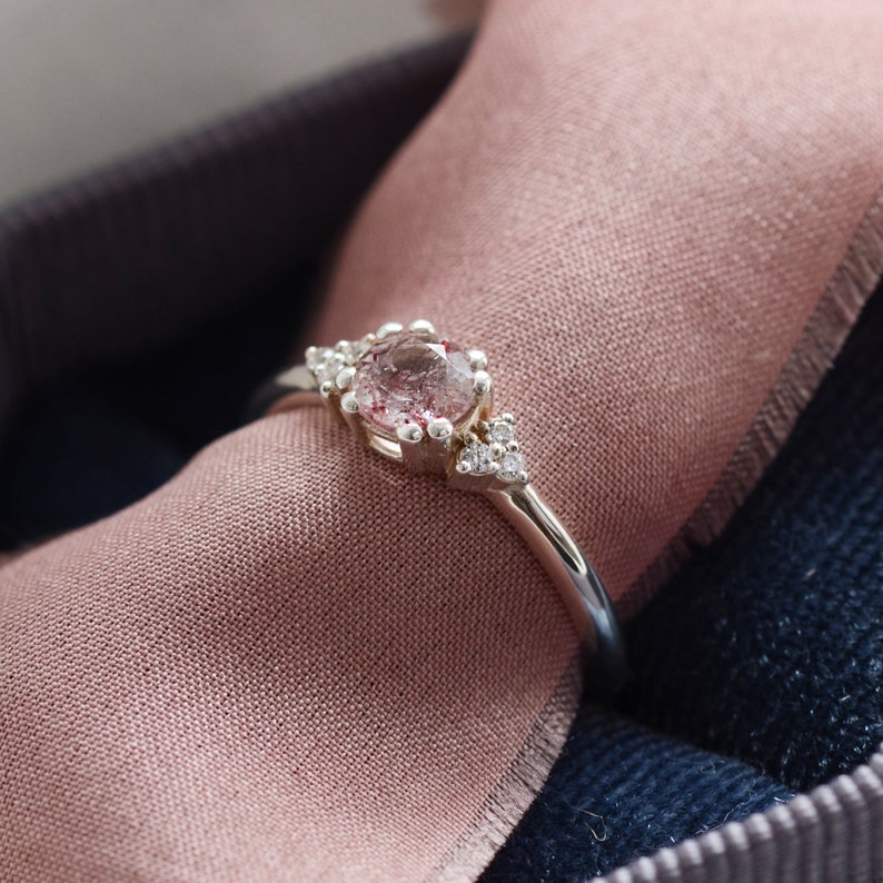 Strawberry quartz engagement ring, Unique gemstone ring, Golden cluster diamond ring image 6