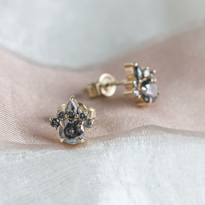 Bridal cluster earrings, Salt and Pepper diamond cluster earrings in Yellow gold 14K image 6