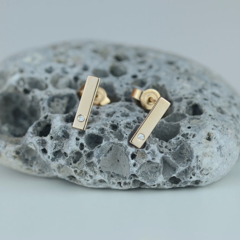 Gold line diamond earrings, Minimalist gold studs, Tiny diamond earrings image 2
