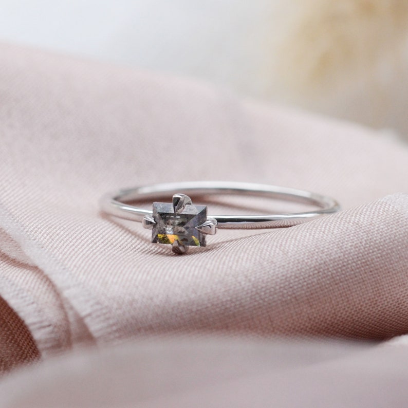 Tiny Baguette diamond ring Thin solid gold ring Minimal Salt & Pepper diamond ring image 7