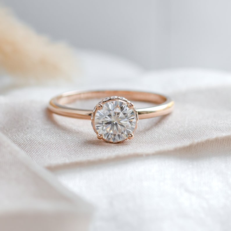 Luxury 1ct Moissanite ring, Solitaire Moissanite engagement ring in Rose gold 14K image 1