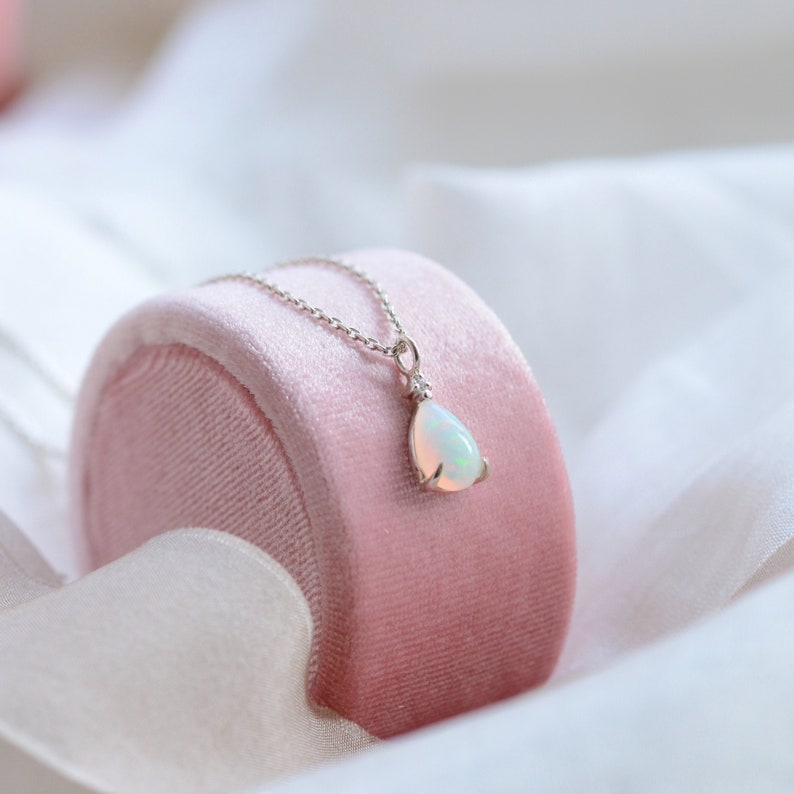 14K Gold opal diamond necklace, Dainty pear opal necklace, Genuine opal necklace image 3