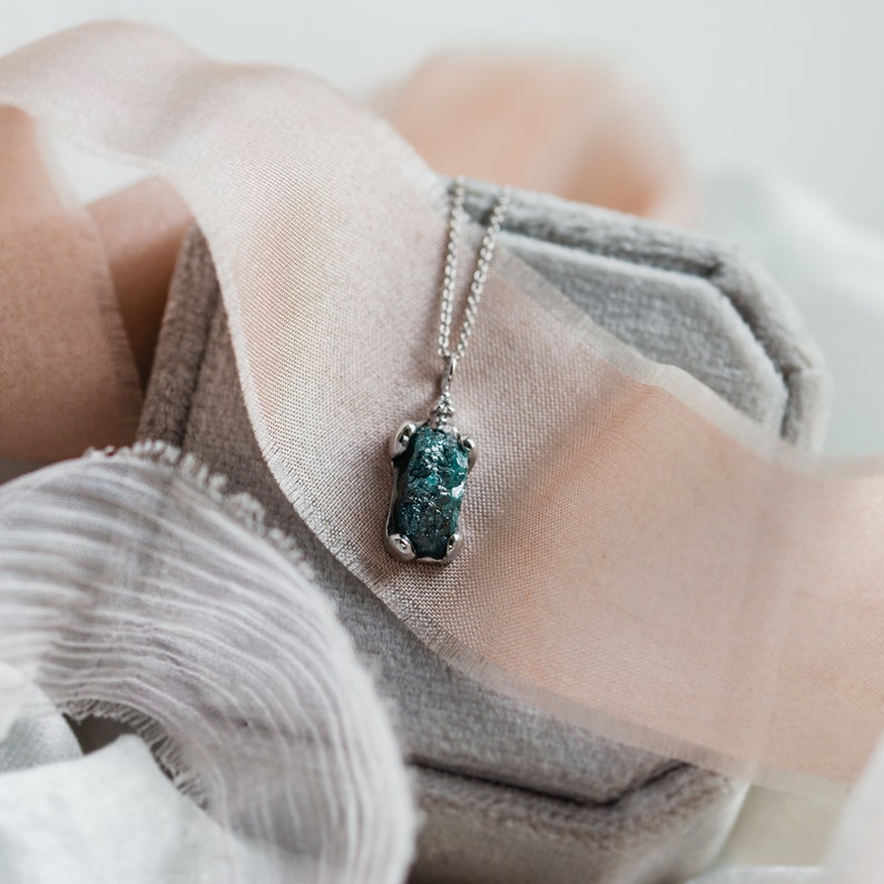 Dainty raw diamond necklace, Unique blue diamond necklace, Uncut diamond necklace image 2