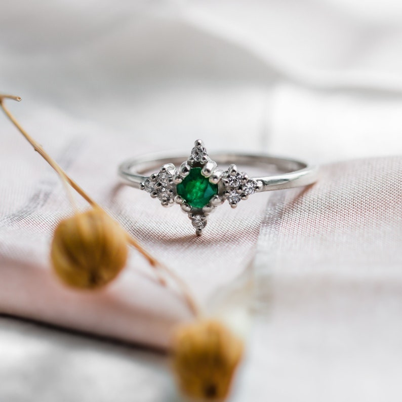 Natural emerald engagement ring, Emerald diamond cluster ring, Dainty solitaire gold ring image 1