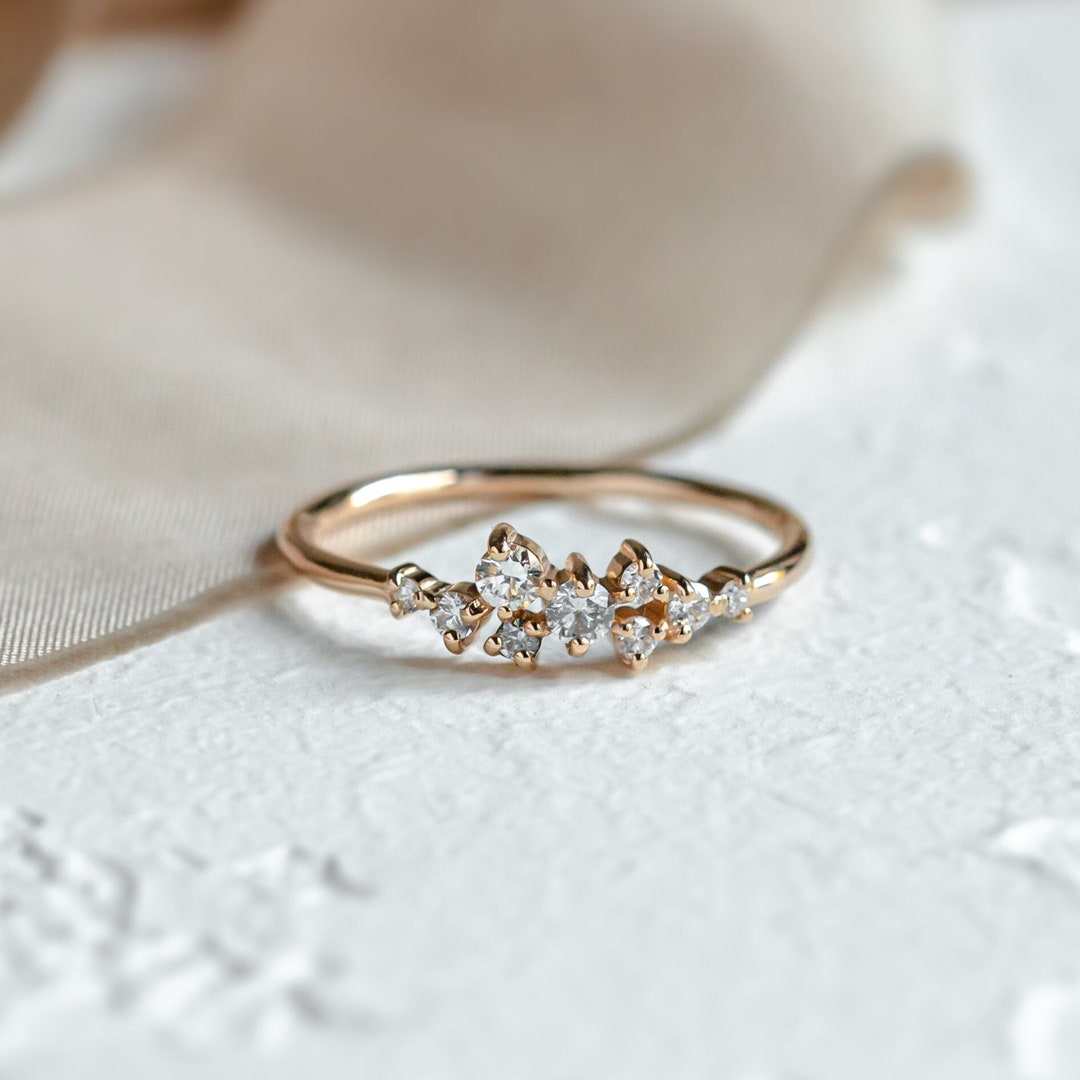 Buy 14K Rose Gold Engagement Ring, Cluster Diamond Ring, Dainty
