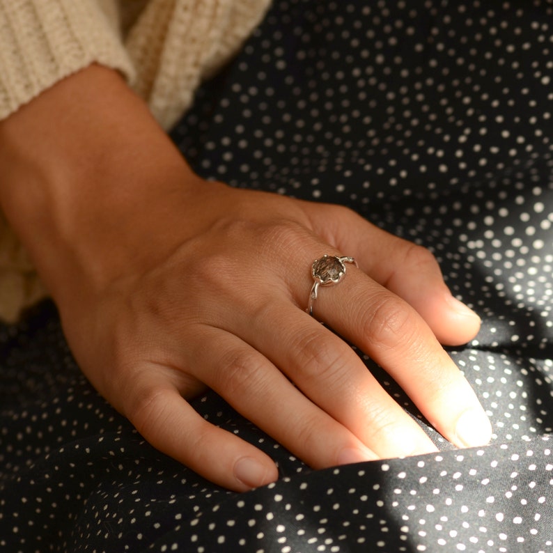 Art deco flower ring, Black rutilated quartz ring, Flower engagement ring, Alternative engagement ring image 7