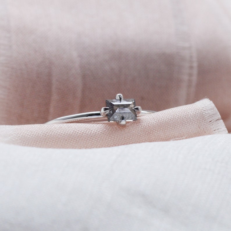 Tiny Baguette diamond ring Thin solid gold ring Minimal Salt & Pepper diamond ring image 5
