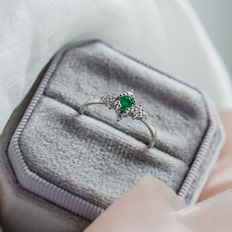 Natural emerald engagement ring, Emerald diamond cluster ring, Dainty solitaire gold ring image 6