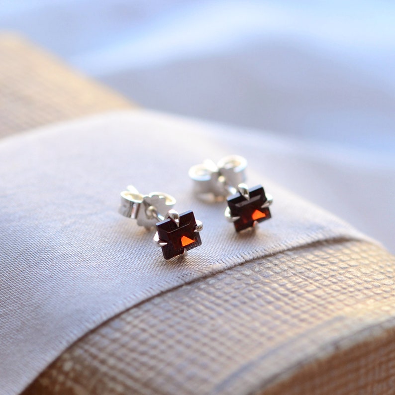 Princess cut garnet stud earrings, Bohemian garnet earrings, Minimalist gemstone studs image 1