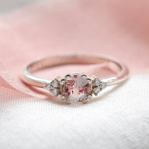 Strawberry quartz engagement ring, Unique gemstone ring, Golden cluster diamond ring image 3