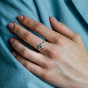 Natural emerald engagement ring, Emerald diamond cluster ring, Dainty solitaire gold ring image 3