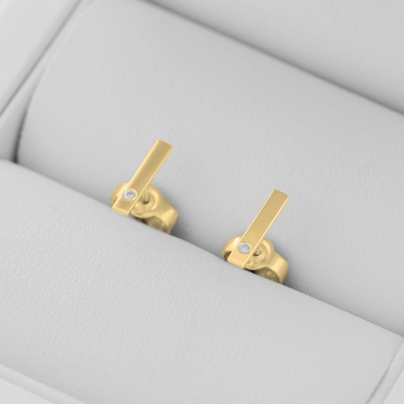 Gold line diamond earrings, Minimalist gold studs, Tiny diamond earrings image 8