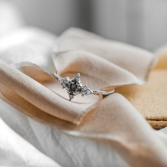 Unique Salt and Pepper Cluster Ring Modern Promise Ring Made in Solid Gold Etsy
