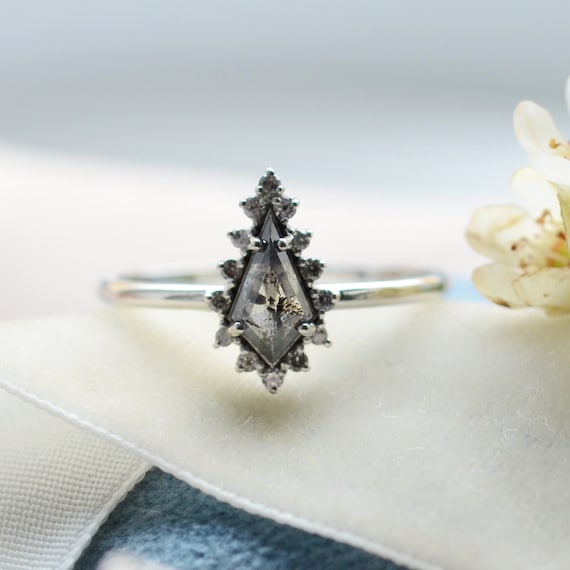 Halo Kite Diamond Ring, Alternative Wedding Ring, Salt Pepper
