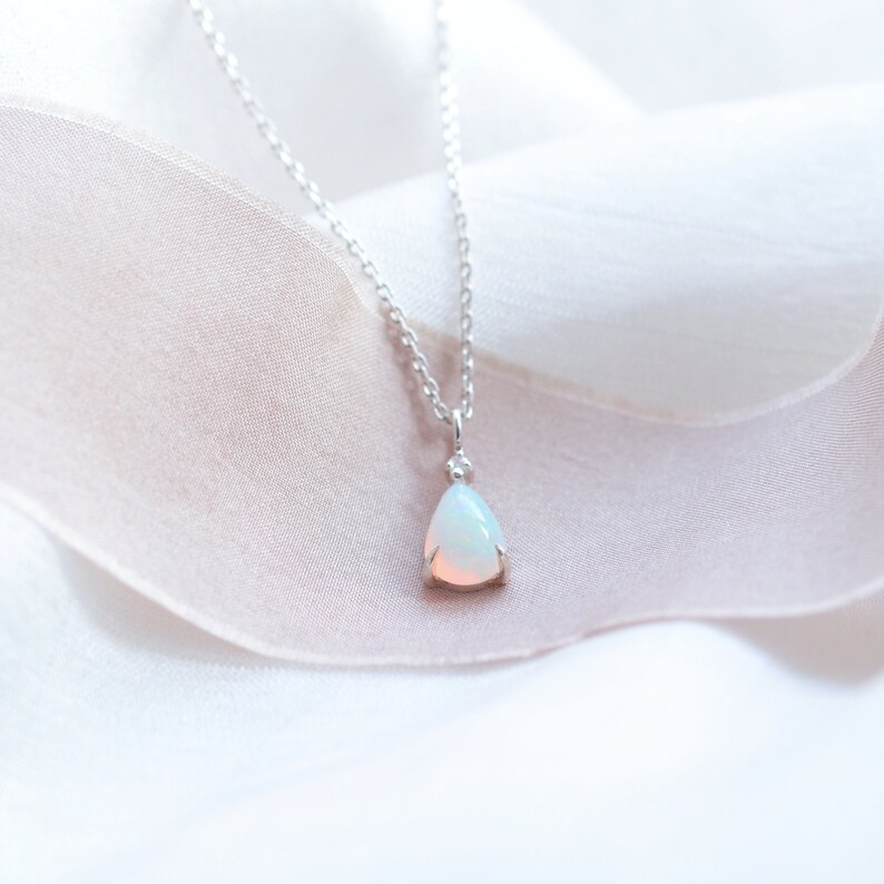 14K Gold opal diamond necklace, Dainty pear opal necklace, Genuine opal necklace image 1