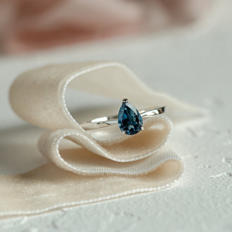 London blue topaz engagement ring, Solitaire pear topaz ring, Delicate pear ring image 1